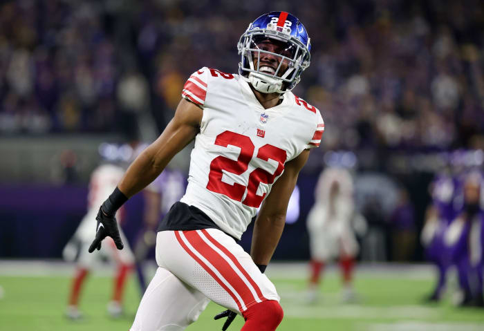 Jan 15, 2023; Minneapolis, Minnesota, USA; New York Giants cornerback Adoree' Jackson (22) reacts after a play against the Minnesota Vikings during the fourth quarter during a wild card game at U.S. Bank Stadium.